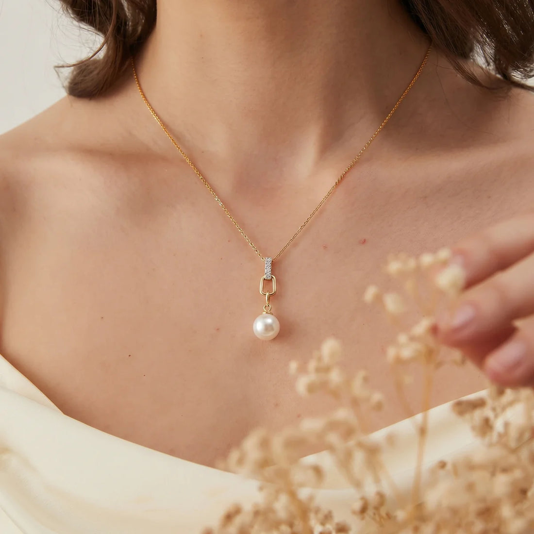 Diamond Bar Freshwater Pearl Drop Pendant Necklace in 925 Sterling Silver