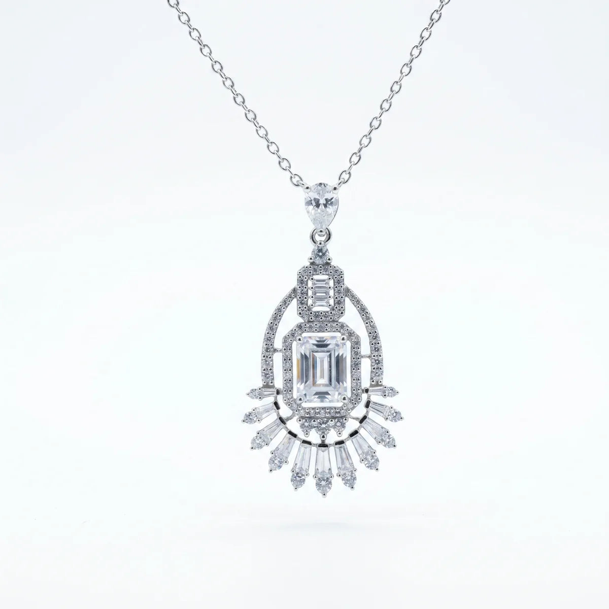 Art Deco Emerald Cut Chandelier Pendant Necklace in 925 Sterling Silver