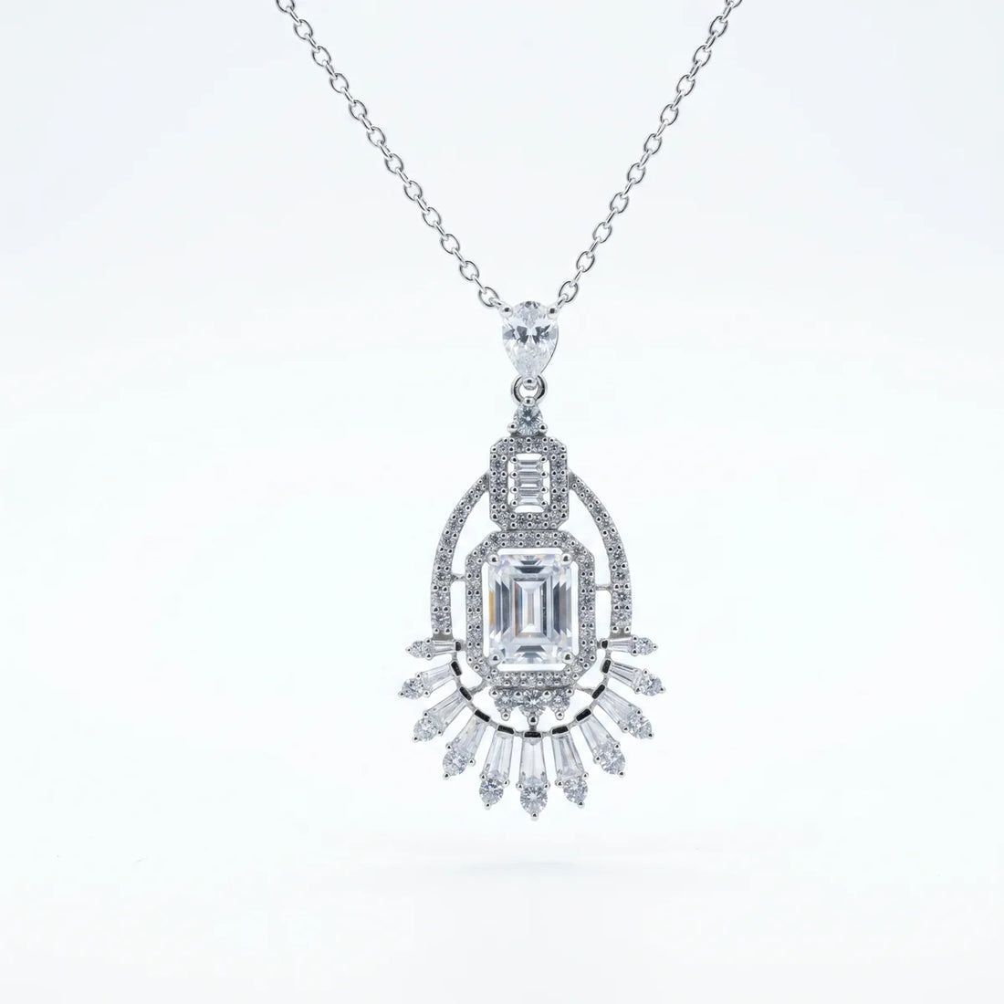 Art Deco Emerald Cut Chandelier Pendant Necklace in 925 Sterling Silver