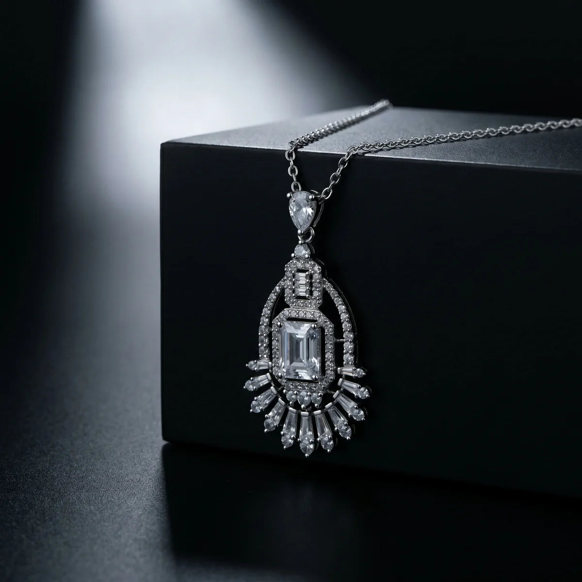 Art Deco Emerald Cut Chandelier Pendant Necklace in 925 Sterling Silver