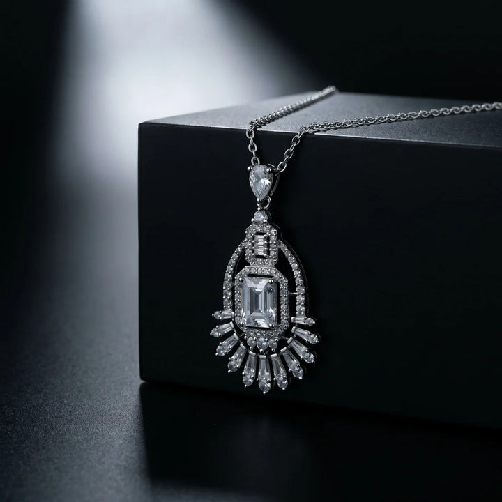 Art Deco Emerald Cut Chandelier Pendant Necklace in 925 Sterling Silver