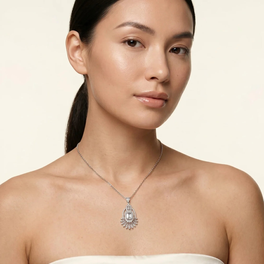 Art Deco Emerald Cut Chandelier Pendant Necklace in 925 Sterling Silver