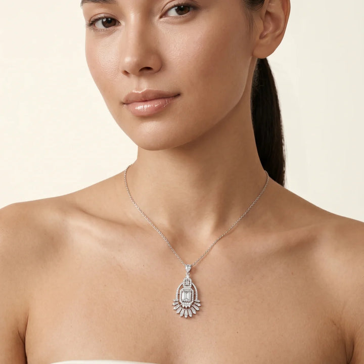 Art Deco Emerald Cut Chandelier Pendant Necklace in 925 Sterling Silver