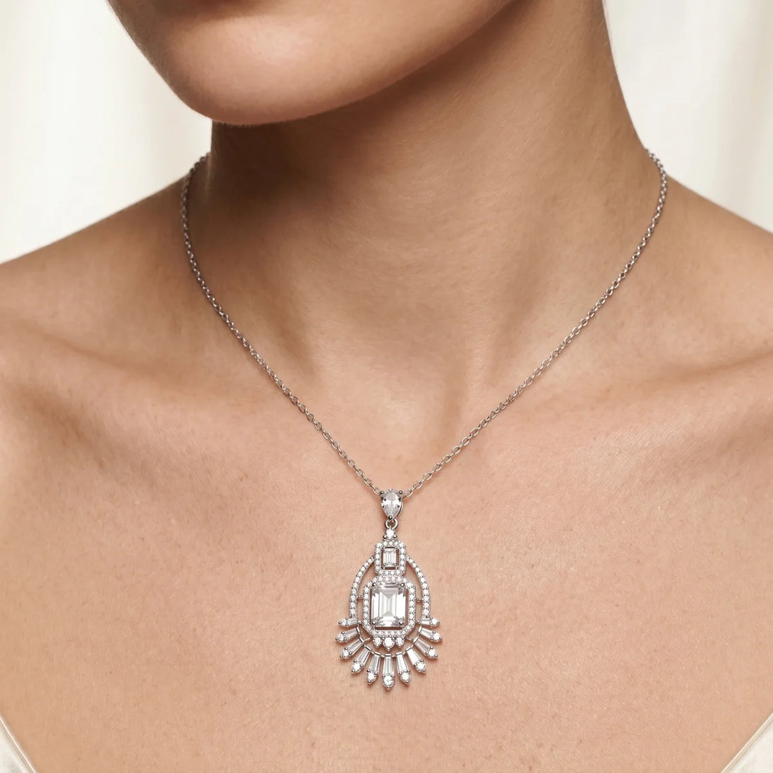 Art Deco Emerald Cut Chandelier Pendant Necklace in 925 Sterling Silver