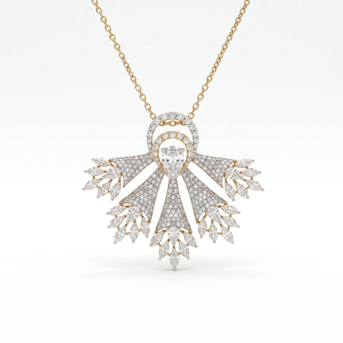 Luxury Pear Cut Diamond Fan Halo Statement Pendant Necklace – 925 Sterling Silver