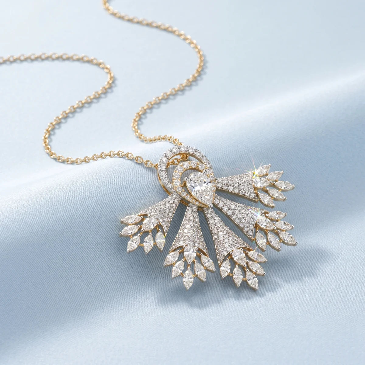 Luxury Pear Cut Diamond Fan Halo Statement Pendant Necklace – 925 Sterling Silver