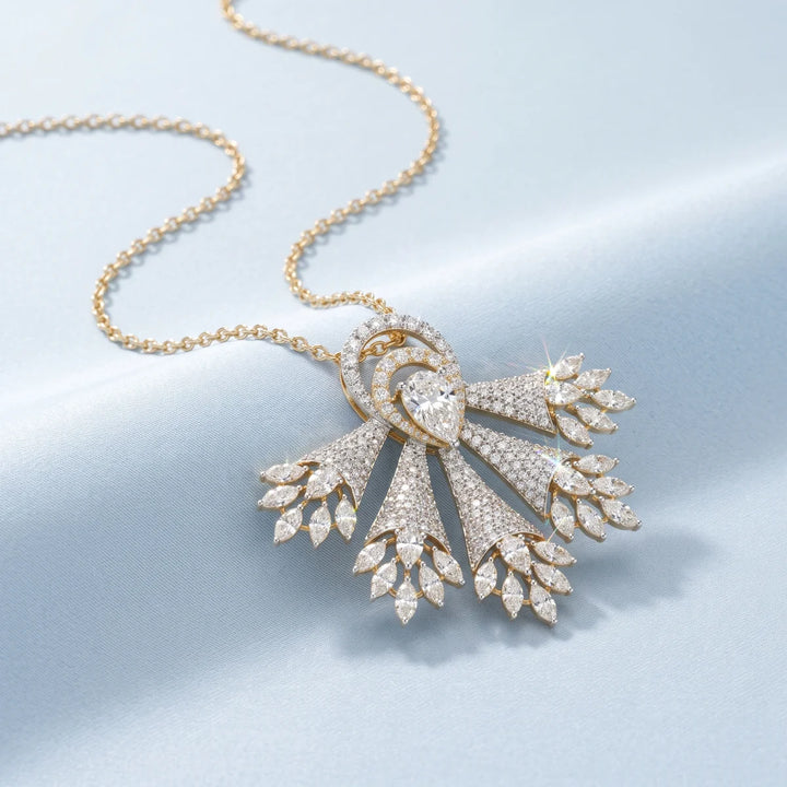 Luxury Pear Cut Diamond Fan Halo Statement Pendant Necklace – 925 Sterling Silver