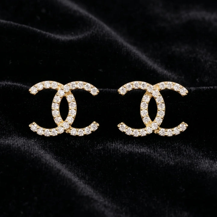 925 Sterling Silver CZ Double C Logo Earrings | Classic Designer-Inspired Stud Earrings
