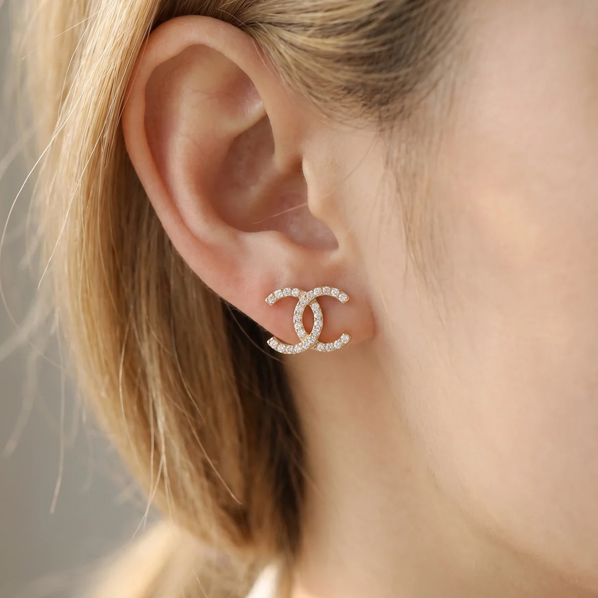 925 Sterling Silver CZ Double C Logo Earrings | Classic Designer-Inspired Stud Earrings