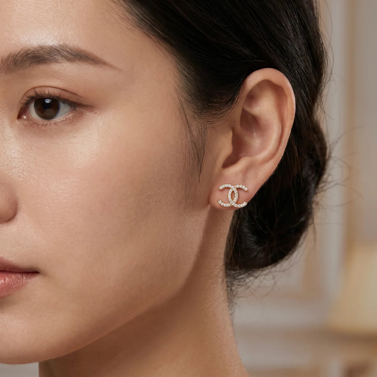 925 Sterling Silver CZ Double C Logo Earrings | Classic Designer-Inspired Stud Earrings