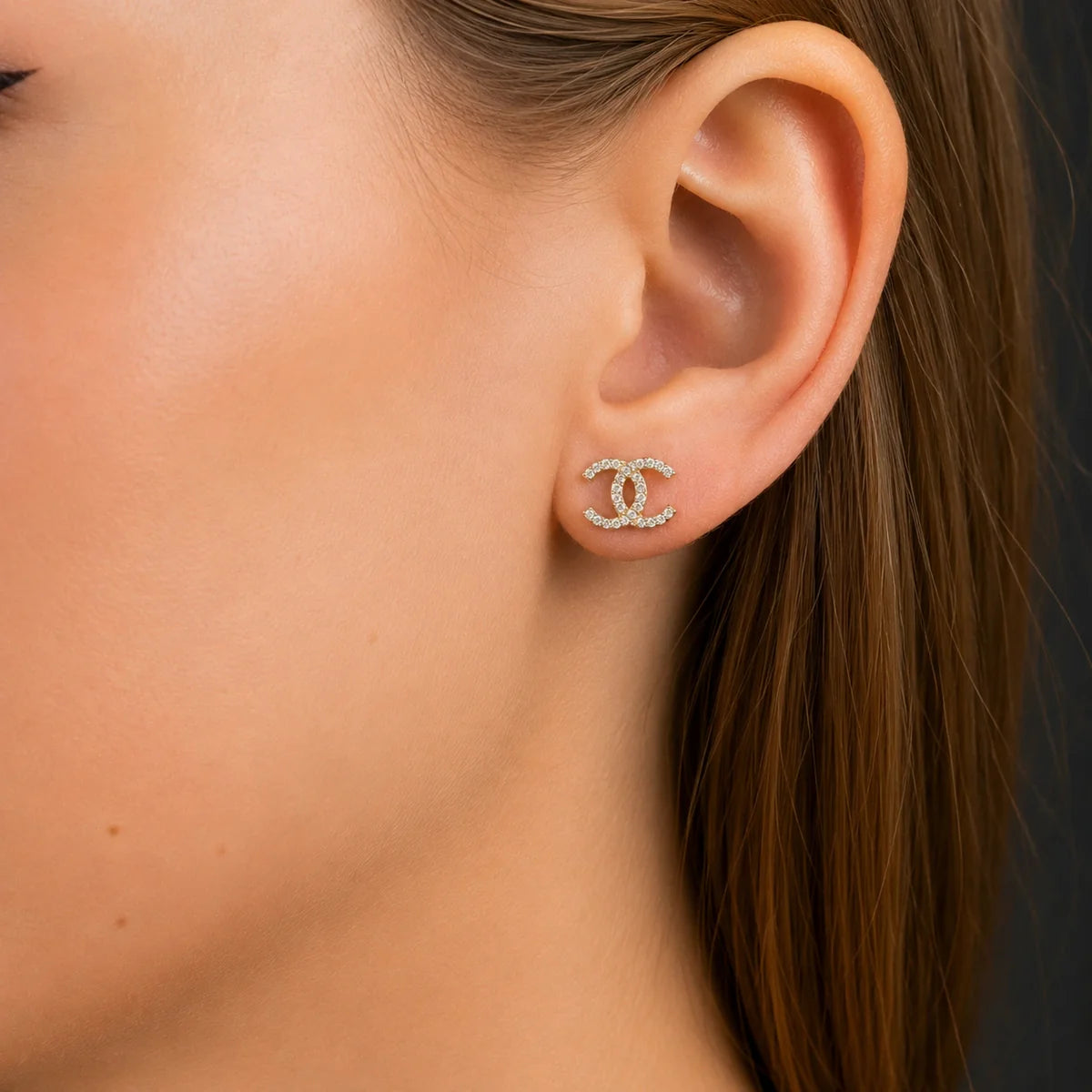 925 Sterling Silver CZ Double C Logo Earrings | Classic Designer-Inspired Stud Earrings