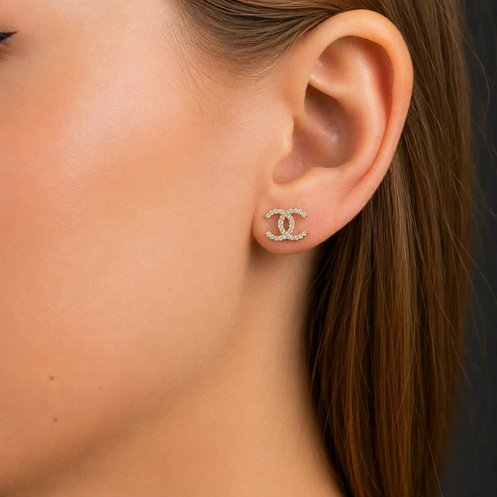 925 Sterling Silver CZ Double C Logo Earrings | Classic Designer-Inspired Stud Earrings