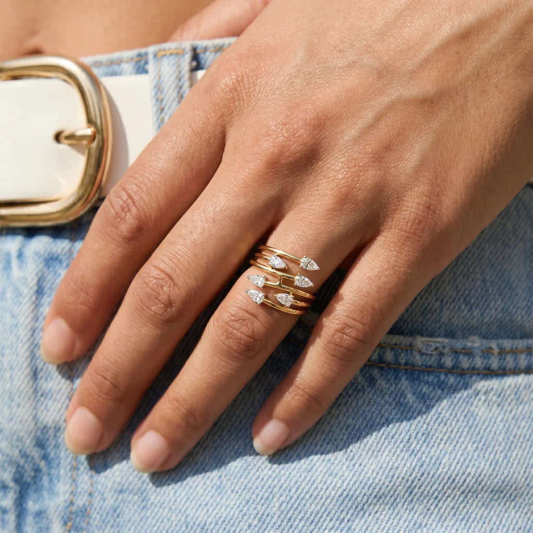 925 Sterling Silver Open Wrap Ring with Pear Cut Lab-Grown Diamonds