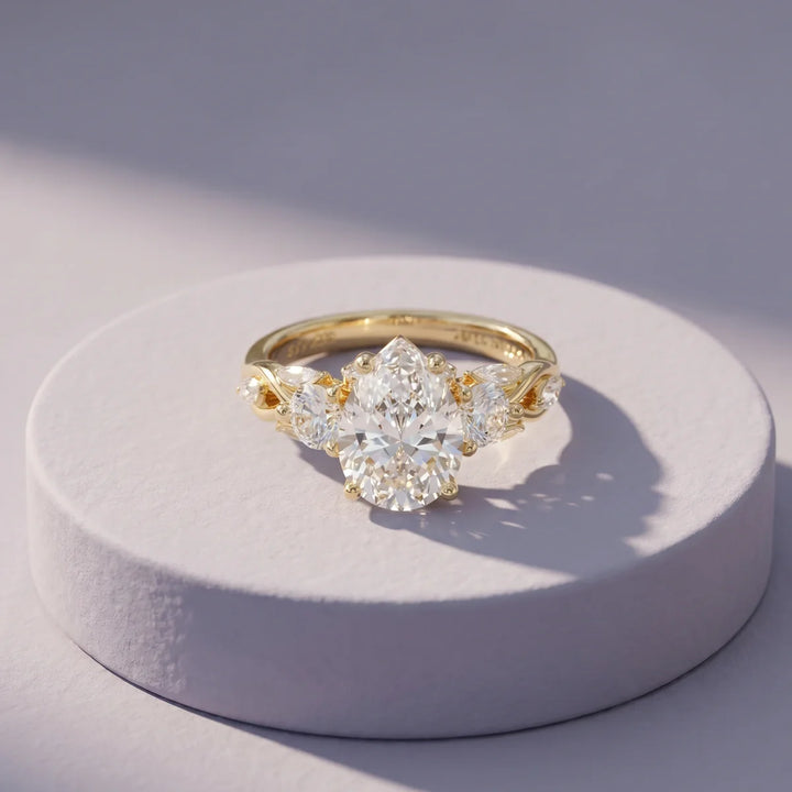 925 Sterling Silver Pear Cut Lab-Grown Diamond Floral Engagement Ring with Marquise & Oval Side Stones