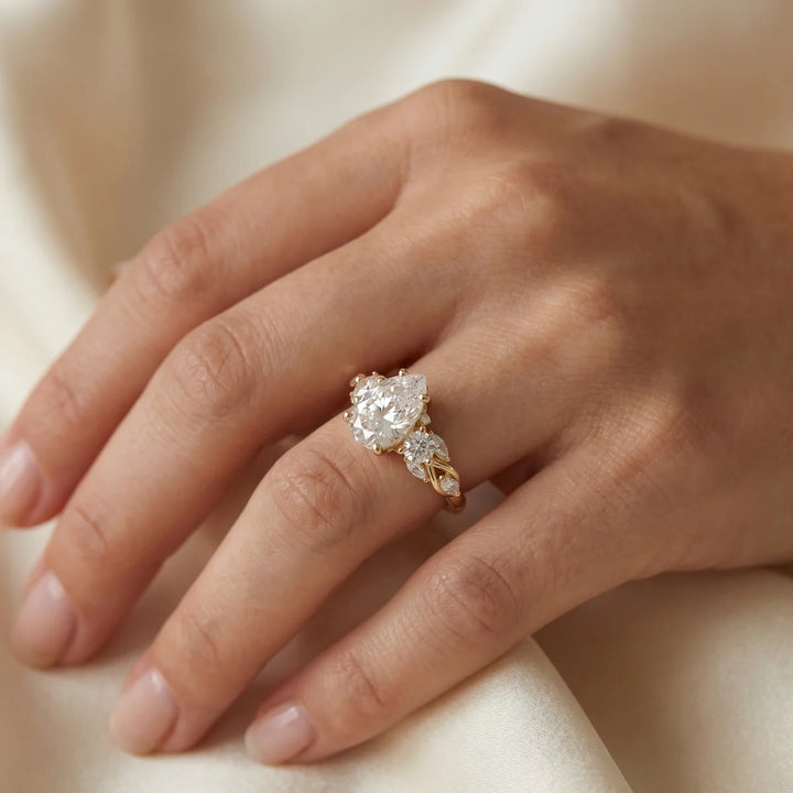 925 Sterling Silver Pear Cut Lab-Grown Diamond Floral Engagement Ring with Marquise & Oval Side Stones