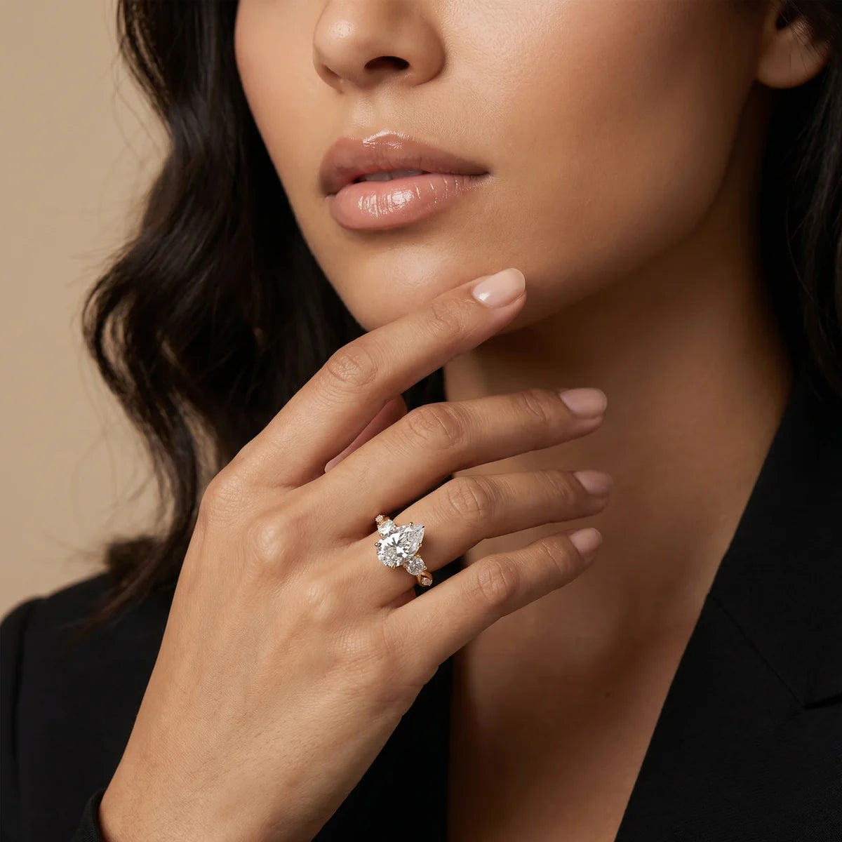 925 Sterling Silver Pear Cut Lab-Grown Diamond Floral Engagement Ring with Marquise & Oval Side Stones