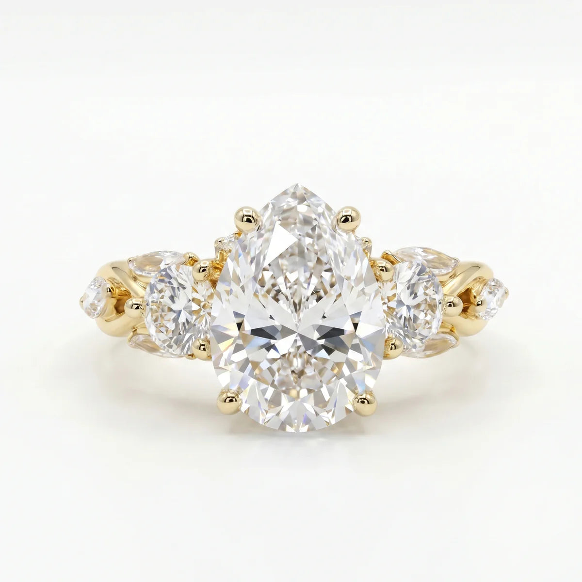 925 Sterling Silver Pear Cut Lab-Grown Diamond Floral Engagement Ring with Marquise & Oval Side Stones