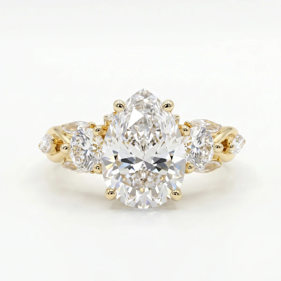 925 Sterling Silver Pear Cut Lab-Grown Diamond Floral Engagement Ring with Marquise & Oval Side Stones