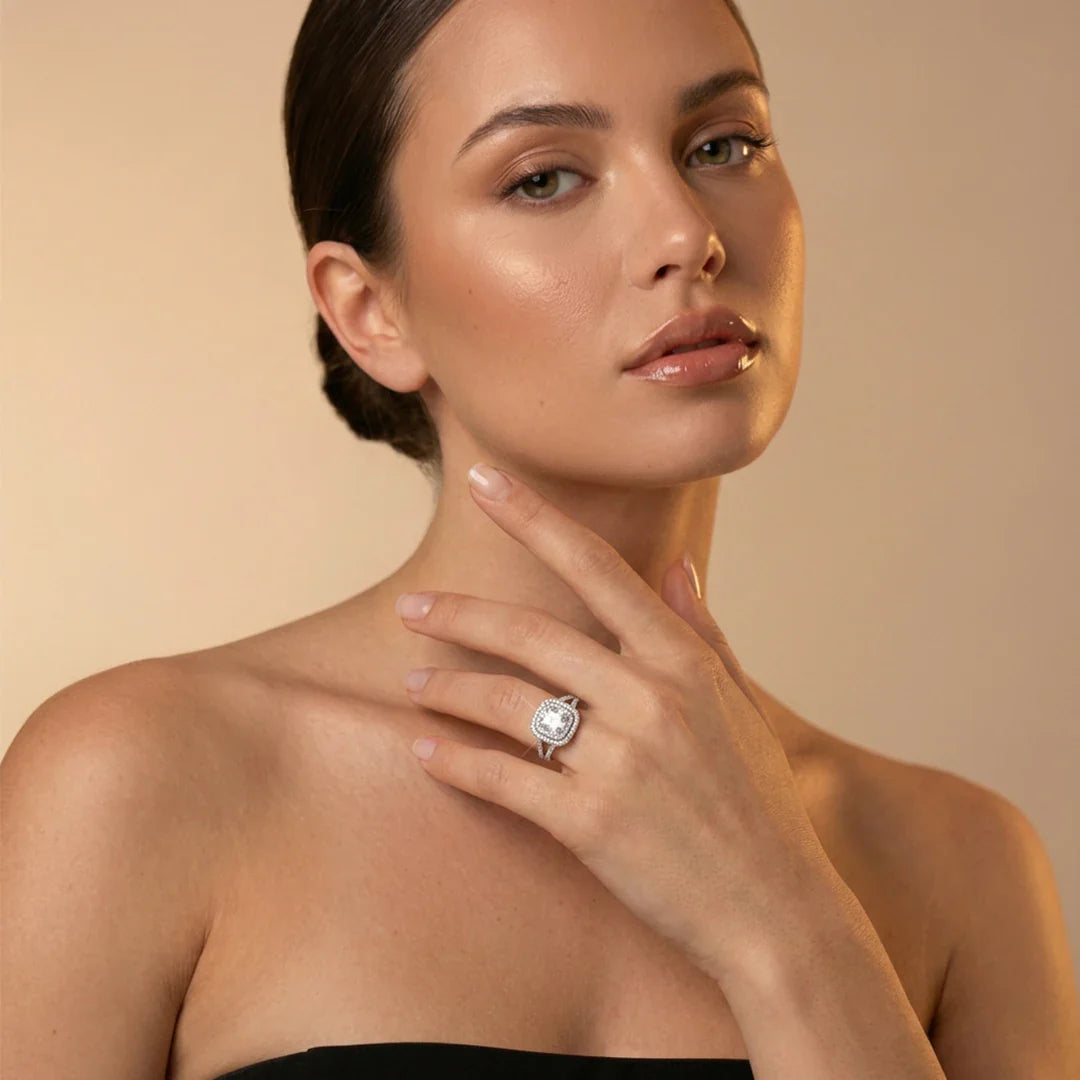 Cushion Cut Double Halo Split Shank Ring in 925 Sterling Silver