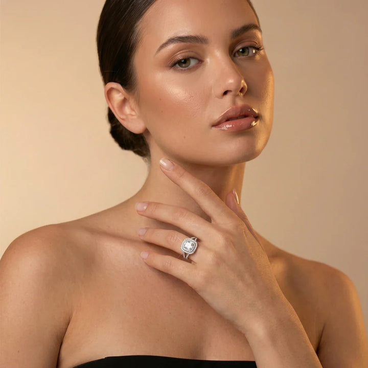 Cushion Cut Double Halo Split Shank Ring in 925 Sterling Silver