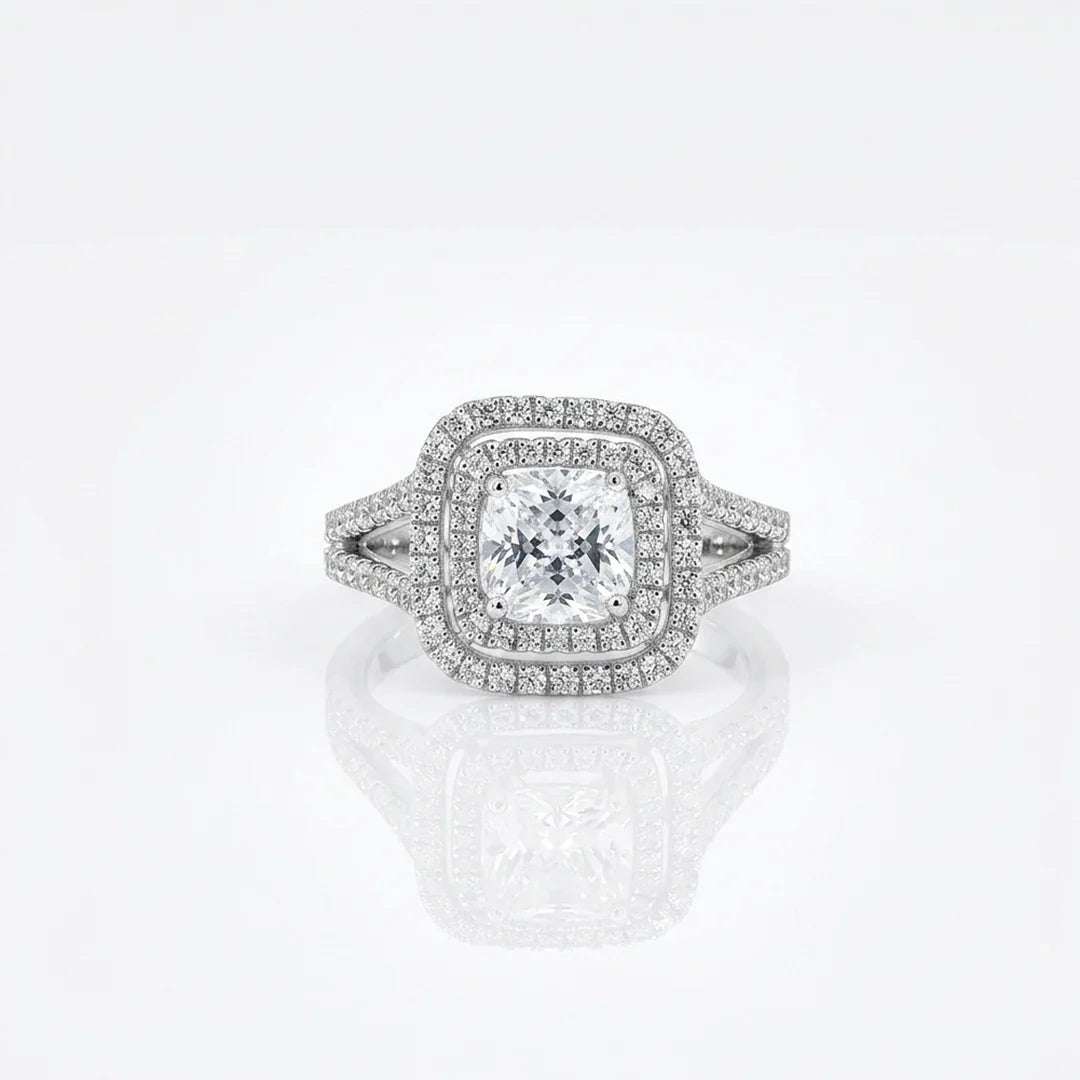 Cushion Cut Double Halo Split Shank Ring in 925 Sterling Silver