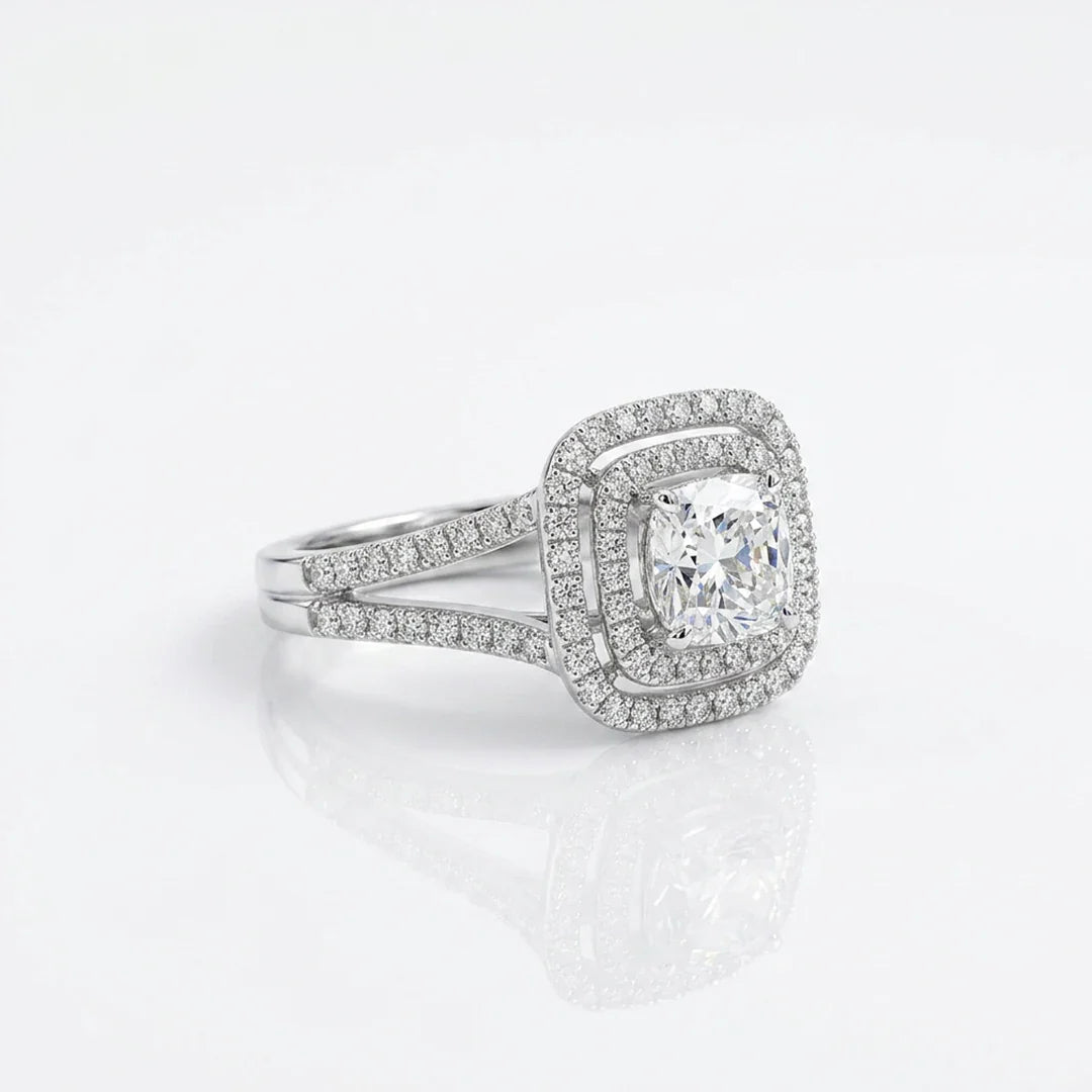 Cushion Cut Double Halo Split Shank Ring in 925 Sterling Silver
