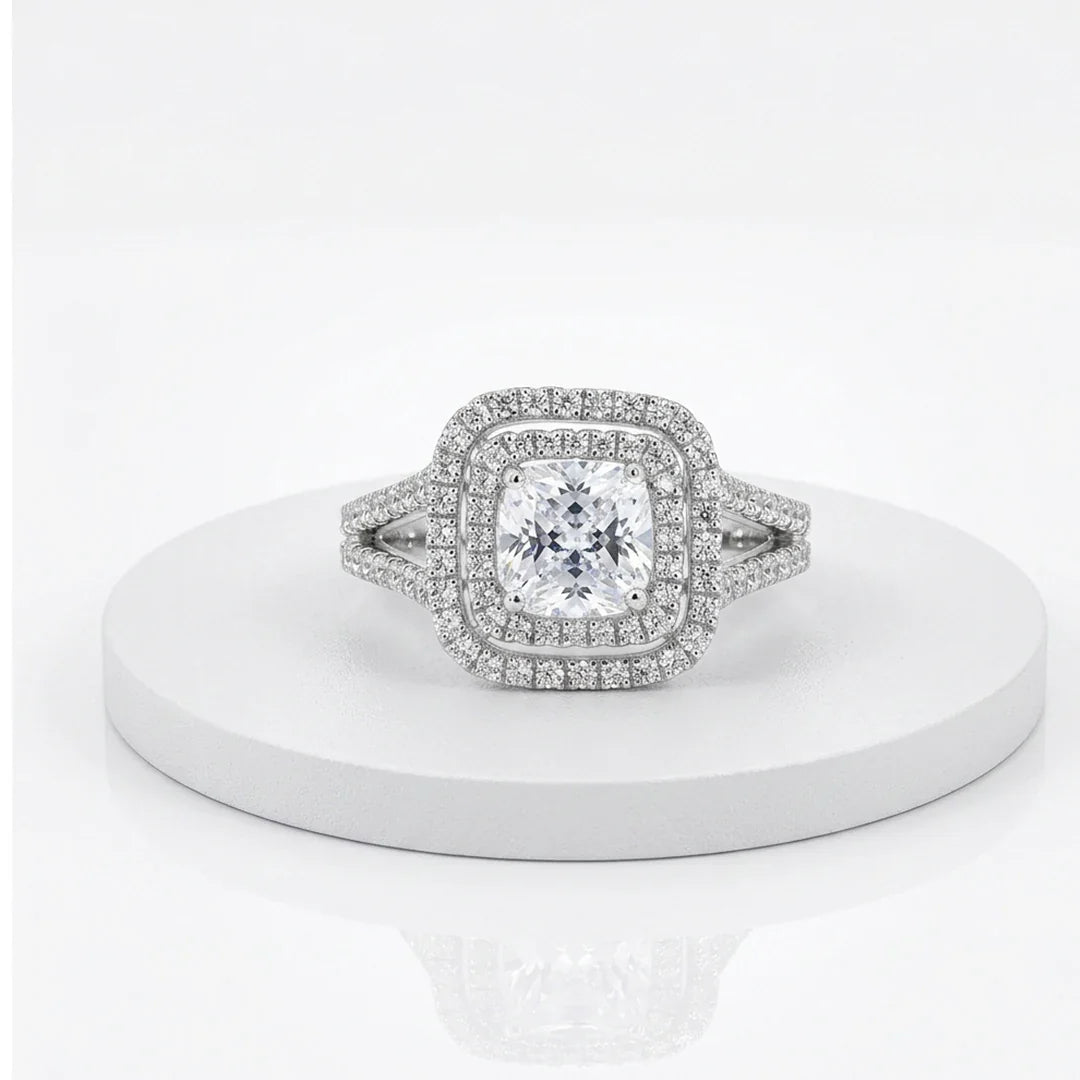 Cushion Cut Double Halo Split Shank Ring in 925 Sterling Silver