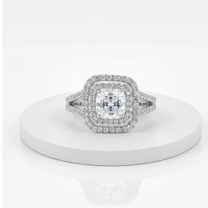 Cushion Cut Double Halo Split Shank Ring in 925 Sterling Silver