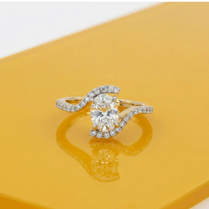 Oval Cut Bypass Swirl Engagement Ring in 925 Sterling Silver with 18K Gold Plating