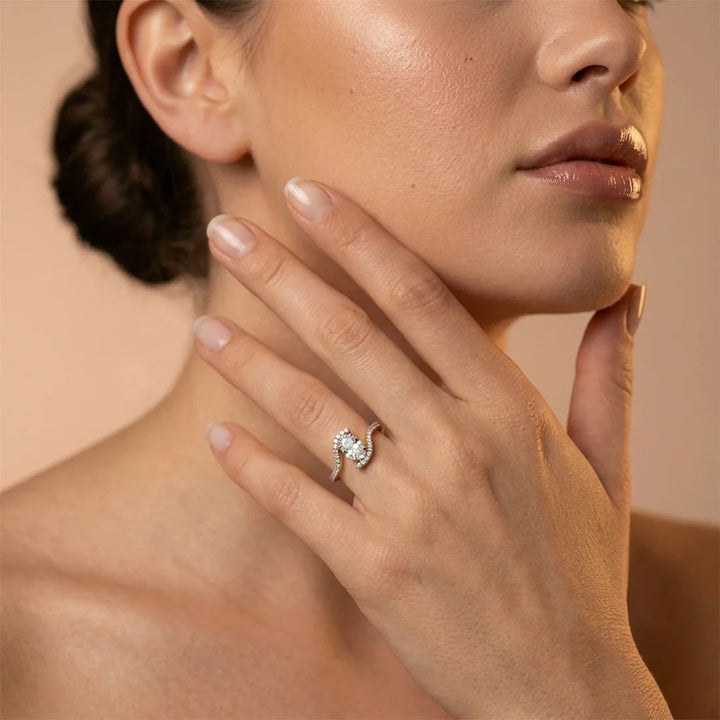 Oval Cut Bypass Swirl Engagement Ring in 925 Sterling Silver with 18K Gold Plating
