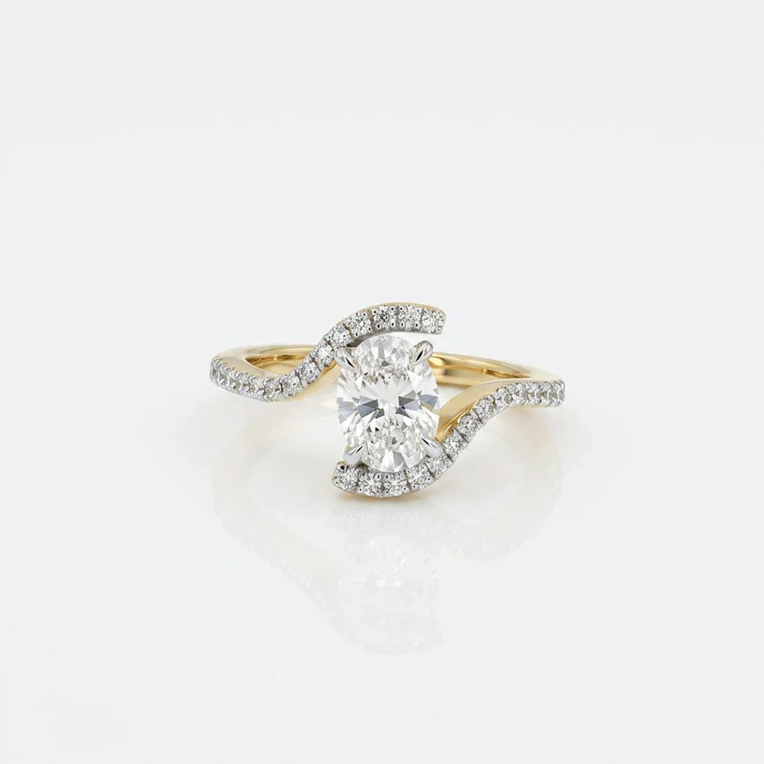 Oval Cut Bypass Swirl Engagement Ring in 925 Sterling Silver with 18K Gold Plating