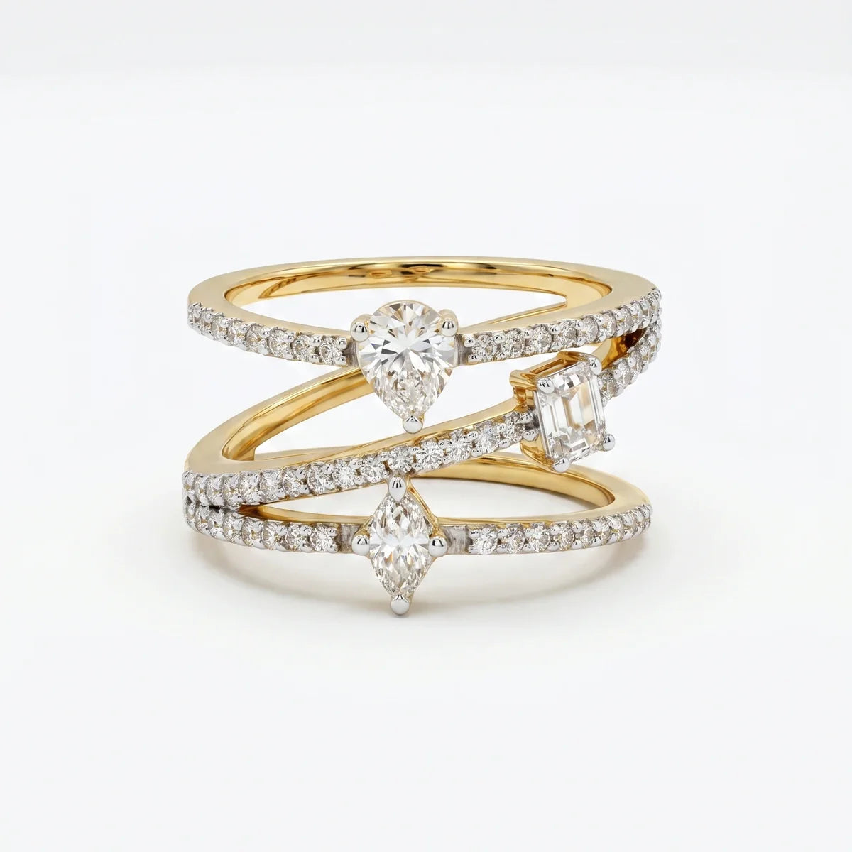 Triple Stone Multi-Shape Diamond Crossover Ring in 925 Sterling Silver | Pear, Emerald & Marquise Cut Statement Ring