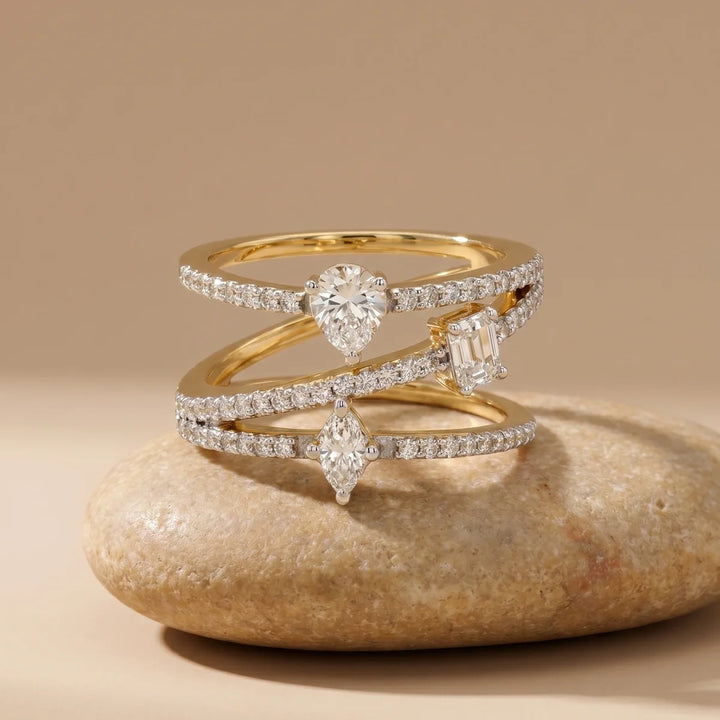 Triple Stone Multi-Shape Diamond Crossover Ring in 925 Sterling Silver | Pear, Emerald & Marquise Cut Statement Ring