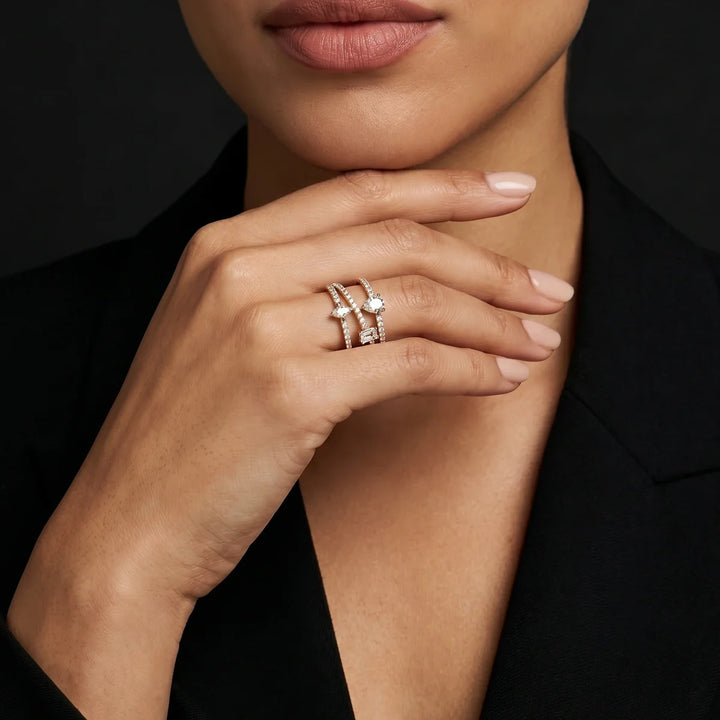 Triple Stone Multi-Shape Diamond Crossover Ring in 925 Sterling Silver | Pear, Emerald & Marquise Cut Statement Ring