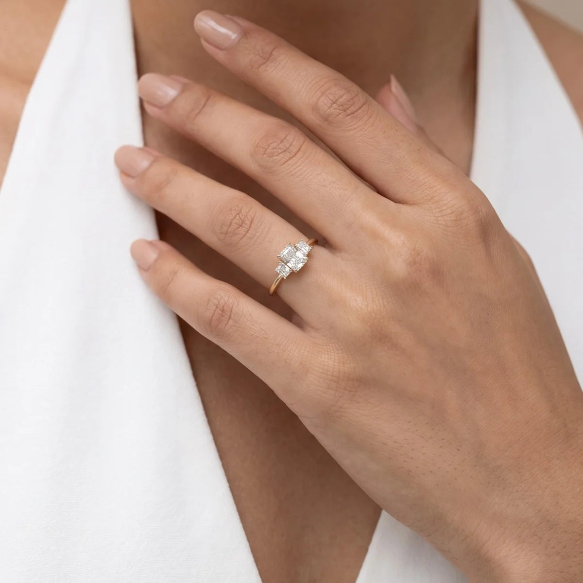 925 Sterling Silver Three Stone Radiant Cut Engagement Ring | Cushion & Trapezoid Diamond Statement Ring