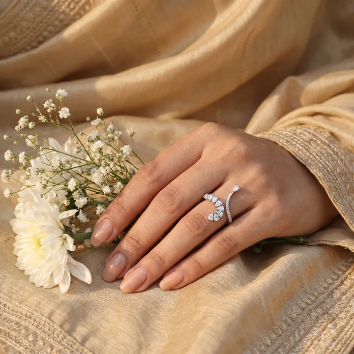 Pear Cut Diamond Wrap Bypass Ring in 925 Sterling Silver | Open Statement Ring | Modern Floral Cocktail Ring