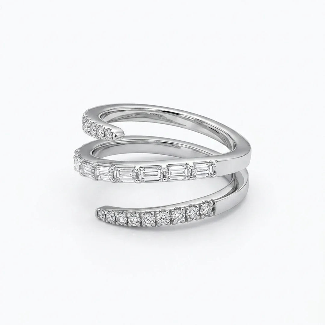 Triple-Band Baguette &amp; Pavé Spiral Wrap Ring in Sterling Silver