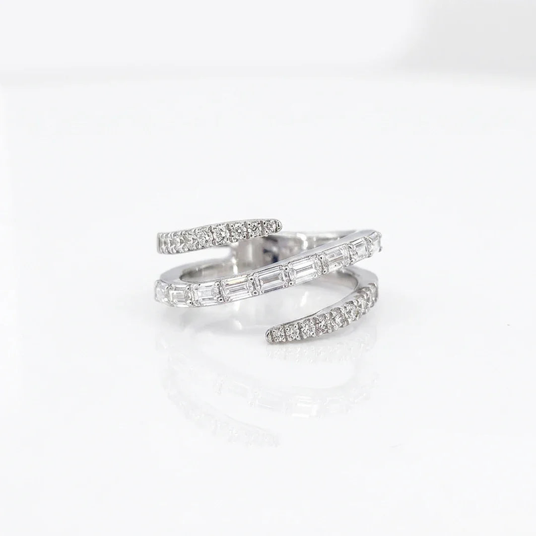 Triple-Band Baguette &amp; Pavé Spiral Wrap Ring in Sterling Silver