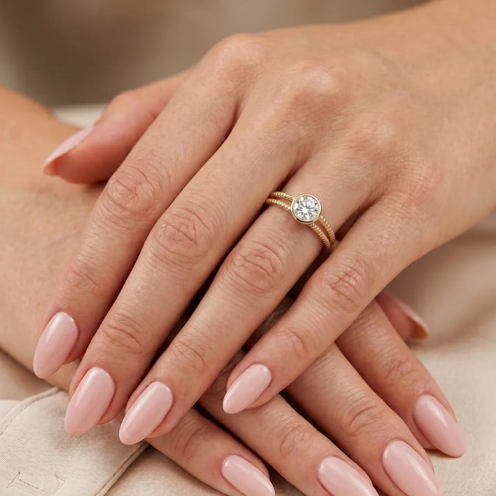 Round Bezel Solitaire Split Shank Engagement Ring in 925 Sterling Silver