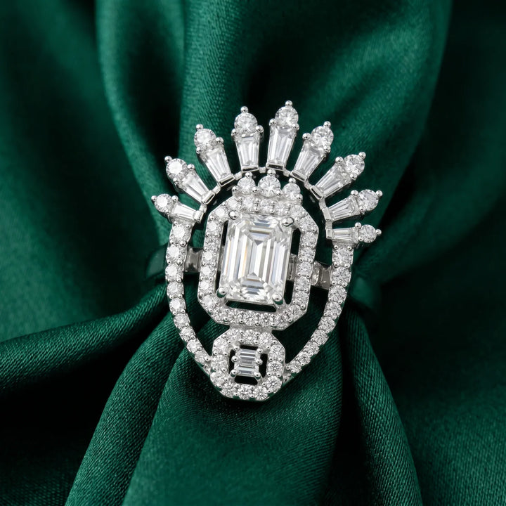 Art Deco Emerald Cut Crown Halo Statement Ring in Sterling Silver