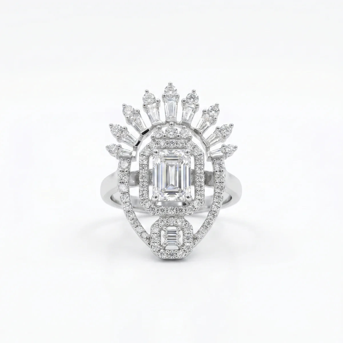 Art Deco Emerald Cut Crown Halo Statement Ring in Sterling Silver