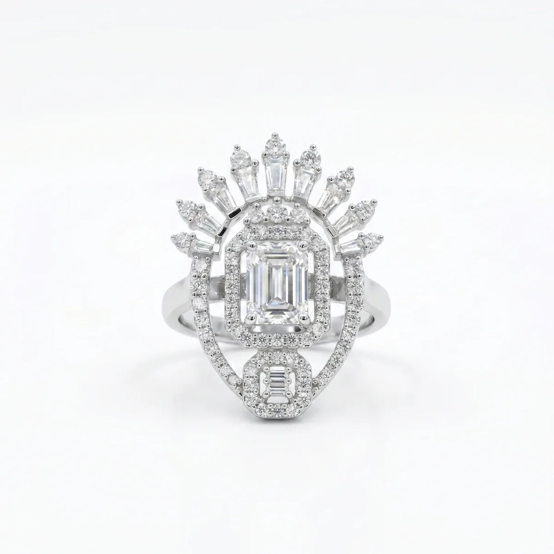 Art Deco Emerald Cut Crown Halo Statement Ring in Sterling Silver