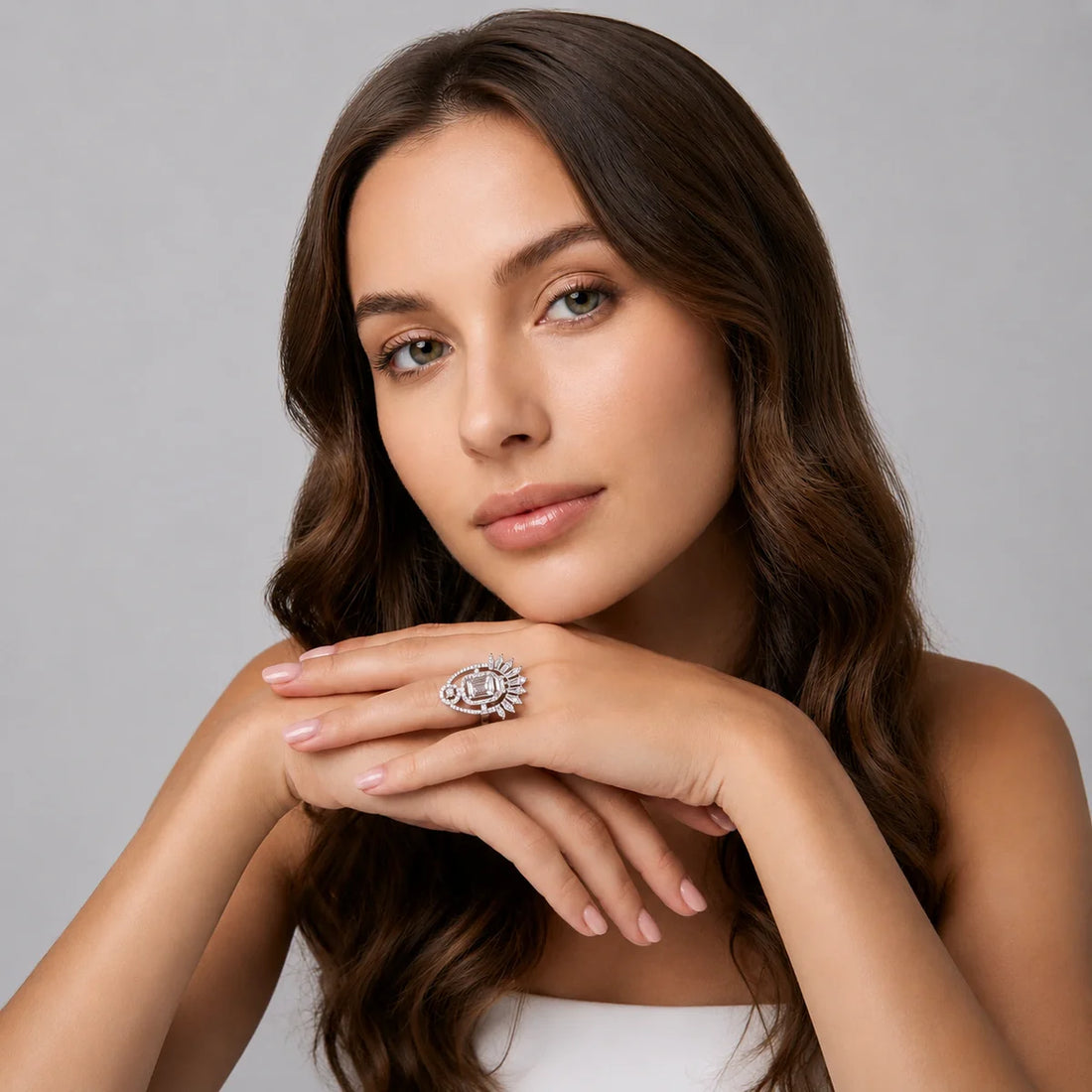 Royal Emerald Cut Halo Statement Ring in 925 Sterling Silver | Vintage Crown Cocktail Ring