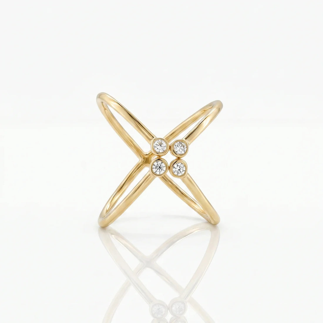 Minimalist Bezel Diamond Criss-Cross Open Ring in 925 Sterling Silver | Modern X Statement Ring