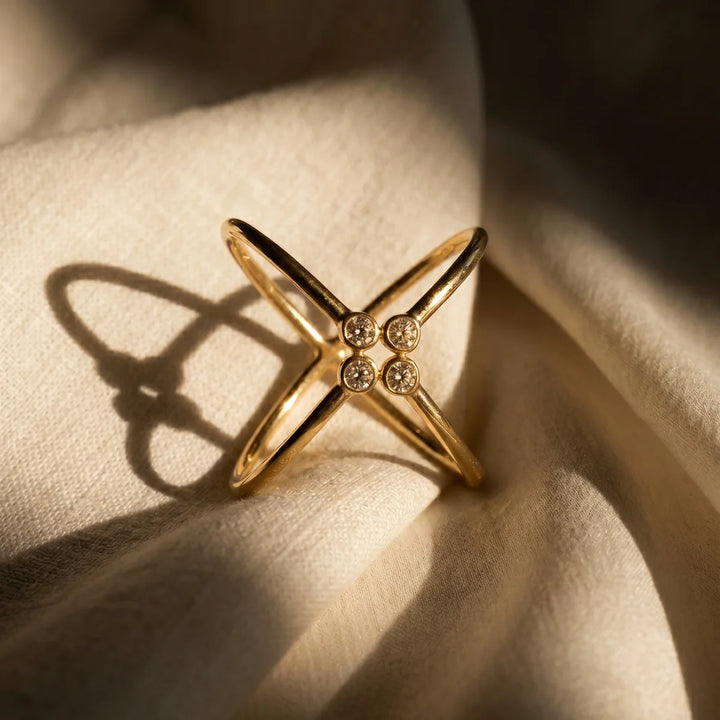 Minimalist Bezel Diamond Criss-Cross Open Ring in 925 Sterling Silver | Modern X Statement Ring