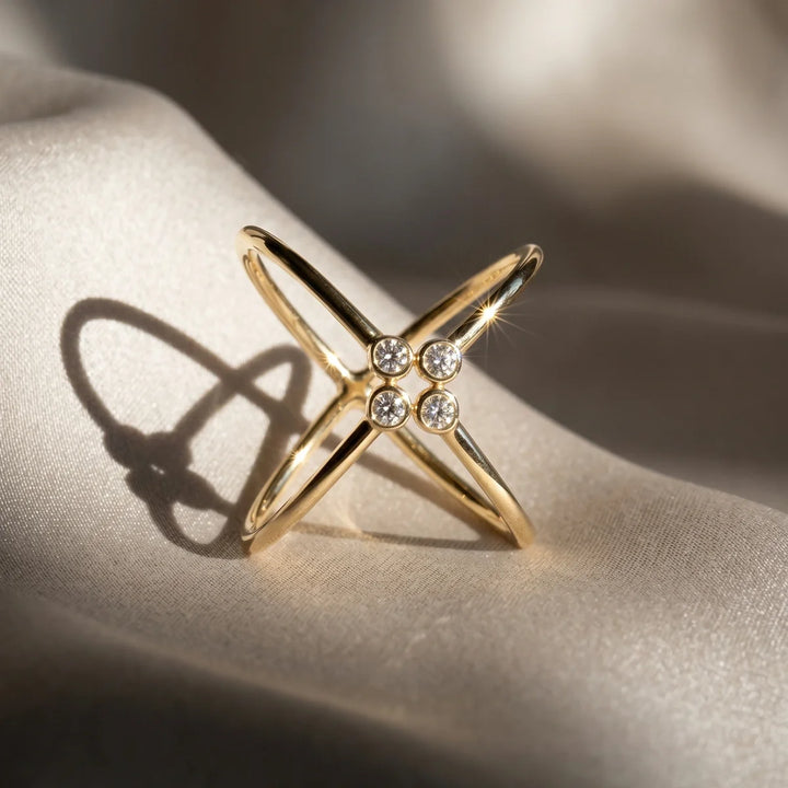 Minimalist Bezel Diamond Criss-Cross Open Ring in 925 Sterling Silver | Modern X Statement Ring