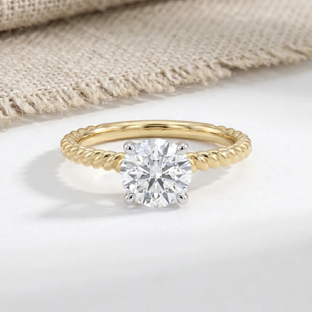 Twisted Rope Band Round Cut Solitaire Ring in 925 Sterling Silver