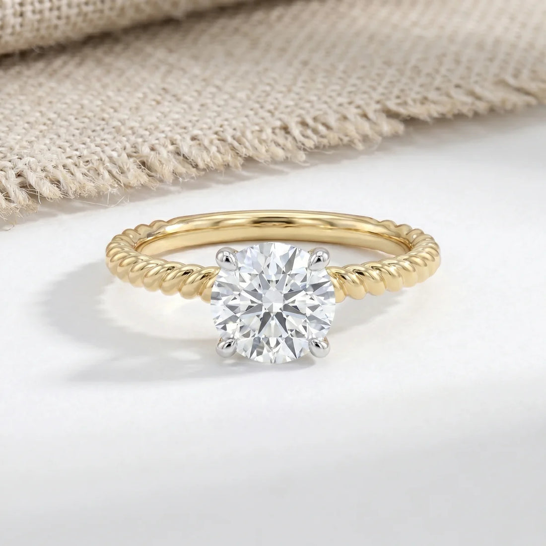 Twisted Rope Band Round Cut Solitaire Ring in 925 Sterling Silver