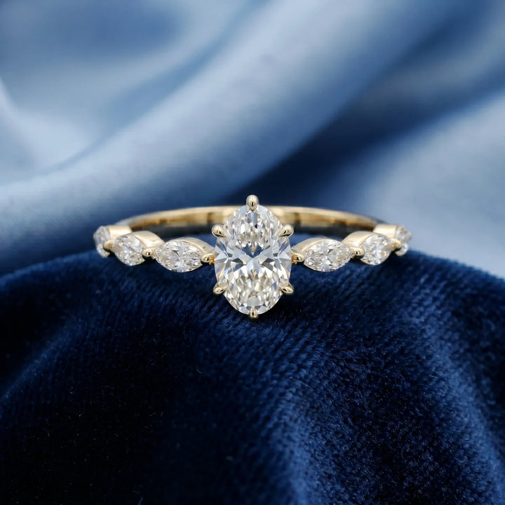Oval Solitaire Diamond Ring with Marquise Side Stones for Women 925 Sterling Silver