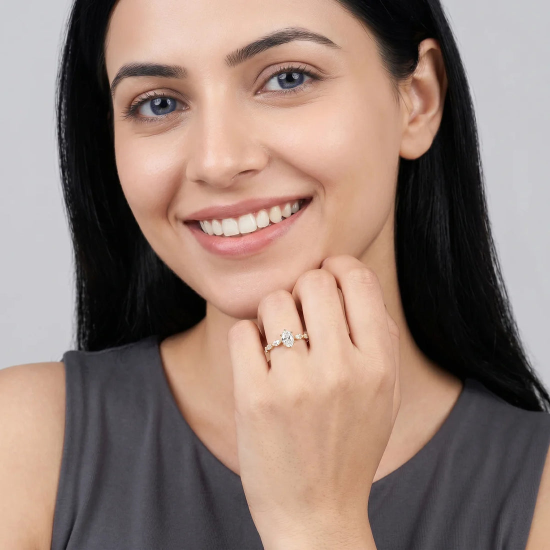 Oval Solitaire Diamond Ring with Marquise Side Stones for Women 925 Sterling Silver